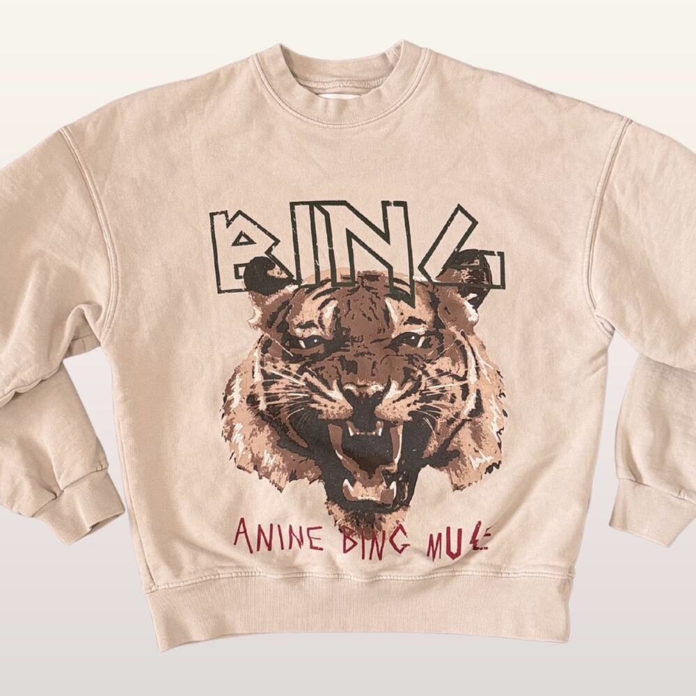 Anine Bing TIGER MUSE Sweatshirt Bone Tan Size Small 100% Cotton Crew Neck Logo